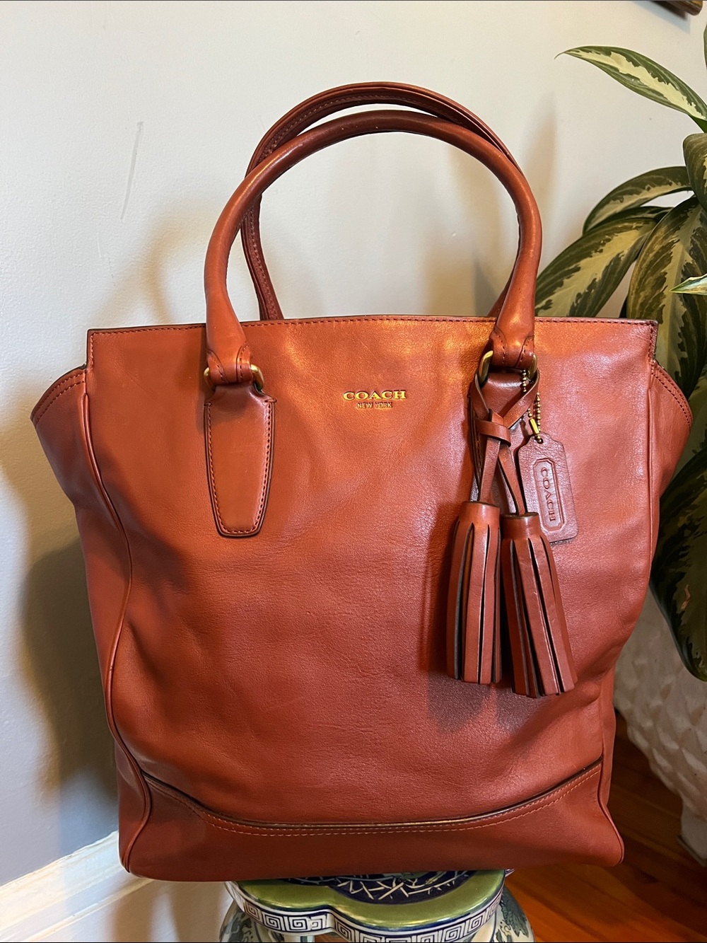 Coach Burnt Orange Leather Tote with Tassel Charm